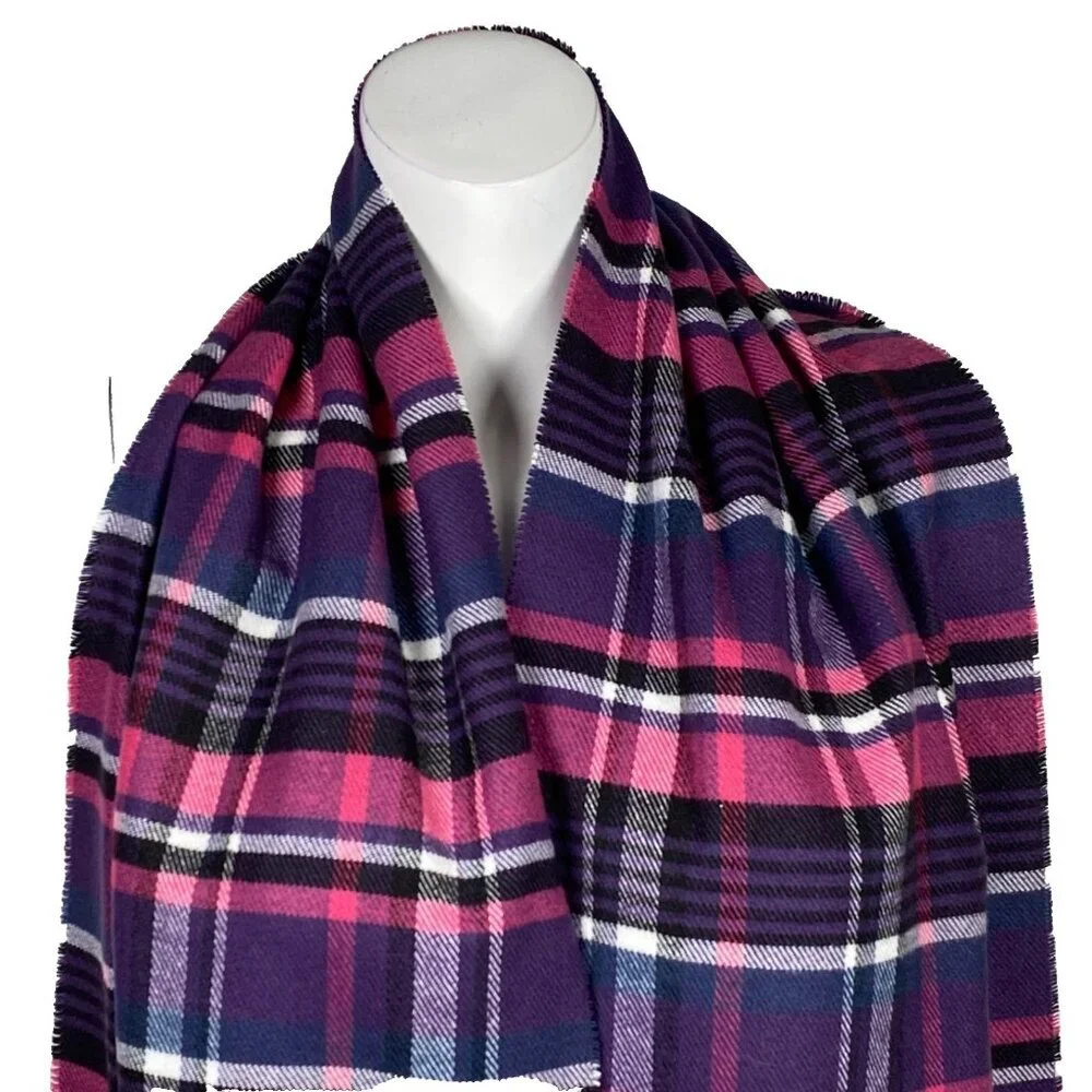 100% Cashmere Scarf Plaid Fringe Rectangular  Made In England Purple Pink